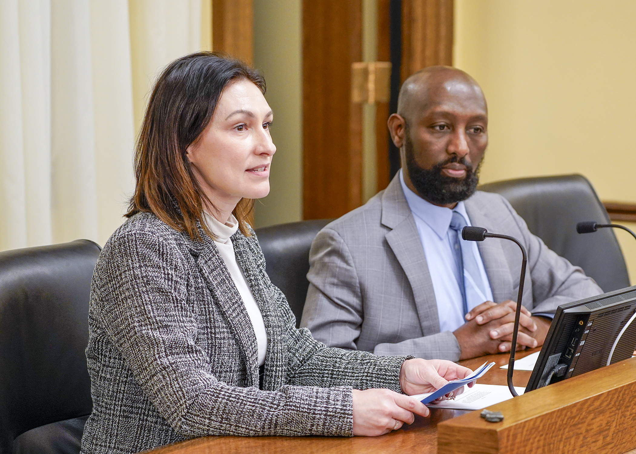 Representing Good Samaritan Society Home Care, Jenifer Baker testifies before the House Human Services Finance and Policy Committee Feb. 26 in support of a bill sponsored by Rep. Mohamud Noor that would modify medical assistance provisions. (Photo by Andrew VonBank)